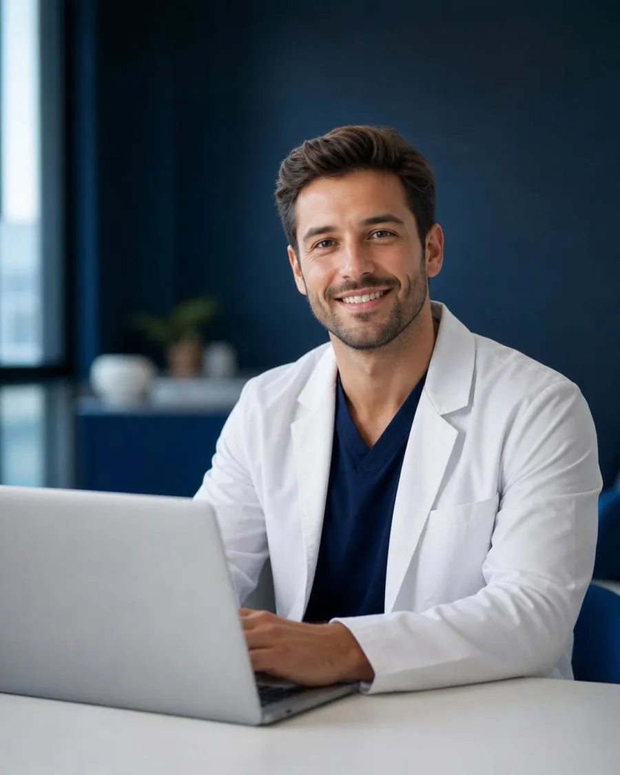 A Tora Health doctor working at a laptop during a telehealth consultation